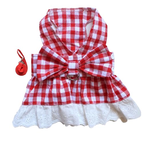 Plaid Dog Dress Leash Set | Red Plaid with Lace Hem for Small/Medium Dogs | Sleeveless Summer Pet Dress & Secure Chest Leash (Red Plaid Dress and Red Leash S) von REXVTNS
