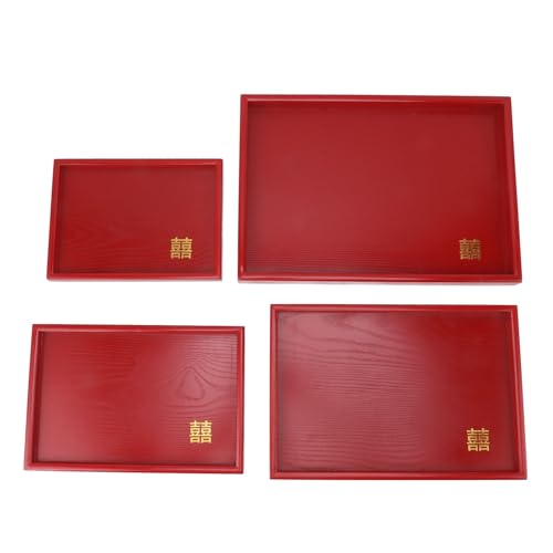 REXVTNS Chinese Style Wooden Serving Tray 4Pcs | Red Wedding Tea/Coffee/Snack Plate | Food Safe Fruit Treat Salver with Spill - Guarded Design | Retro Home Kitchen Serving Tray (Rectangular) von REXVTNS