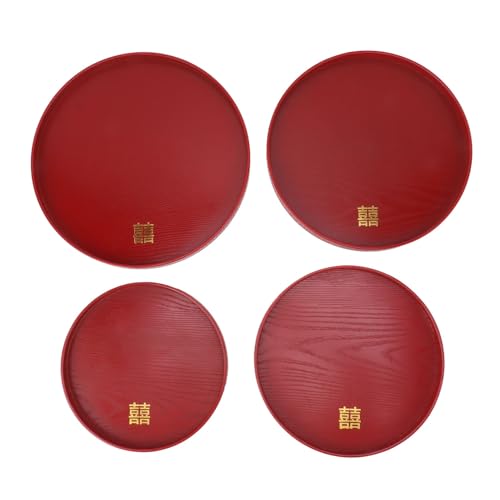 REXVTNS Chinese Style Wooden Serving Tray 4Pcs | Red Wedding Tea/Coffee/Snack Plate | Food Safe Fruit Treat Salver with Spill - Guarded Design | Retro Home Kitchen Serving Tray (Round) von REXVTNS