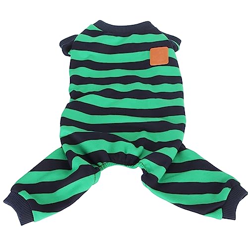 Striped Dog Pajamas | Stretchy Breathable Polyester Pet Clothes | 4 - Legged Pajamas for Home/Daily Use | Green & Blue Stripes (S) von REXVTNS