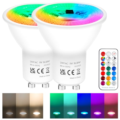 REYLAX GU10 RGB LED Farbwechsel Lampen, 5W Dimmbar Warmes Licht 50W Halogenlampen Gleichwertige, RGB LED Spot Licht, Leuchtmittel GU10 450 Lumen, Fernbedienung inklusive (2 Stück) von REYLAX