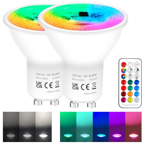 REYLAX GU10 RGB LED Farbwechsel Lampen, 5W Kaltweiß 6000K Dimmbar Glühbirne 50W Halogenlampen Gleichwertige, RGB Led Strahler Bunt, LED Spot Leuchtmittel mit Fernbedienung (2 Stück) von REYLAX
