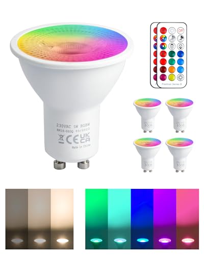 REYLAX GU10 RGB LED Farbwechsel Lampen, 5W Warmweiß 3000K Dimmbar Glühbirne 50W Halogenlampen Gleichwertige, RGB LED Strahler Bunt, LED Spot Leuchtmittel mit Fernbedienung (4 Stück) von REYLAX