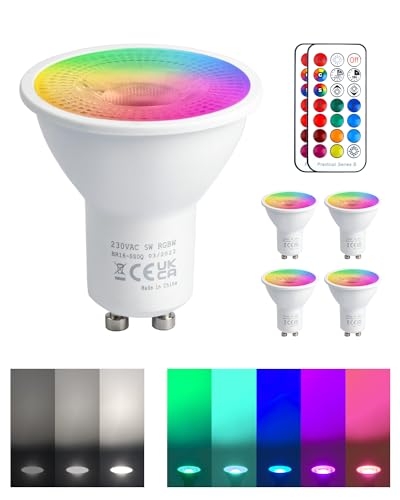REYLAX GU10 RGB LED Farbwechsel Lampen, 5W Kaltweiß 3000K Dimmbar Glühbirne 50W Halogenlampen Gleichwertige, RGB LED Strahler Bunt, LED Spot Leuchtmittel mit Fernbedienung (4 Stück) von REYLAX