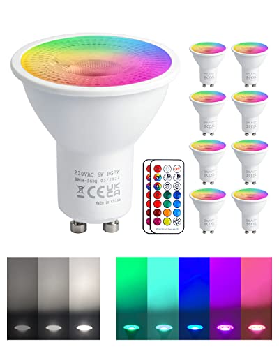 REYLAX GU10 RGB LED Farbwechsel Lampen, 5W Kaltweiß 3000K Dimmbar Glühbirne 50W Halogenlampen Gleichwertige, RGB LED Strahler Bunt, LED Spot Leuchtmittel mit Fernbedienung (8 Stück) von REYLAX