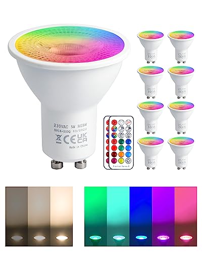 REYLAX GU10 RGB LED Farbwechsel Lampen, 5W Warmweiss 3000K Dimmbar Glühbirne 50W Halogenlampen Gleichwertige, RGB LED Strahler Bunt, LED Spot Leuchtmittel mit Fernbedienung (8 Stück) von REYLAX