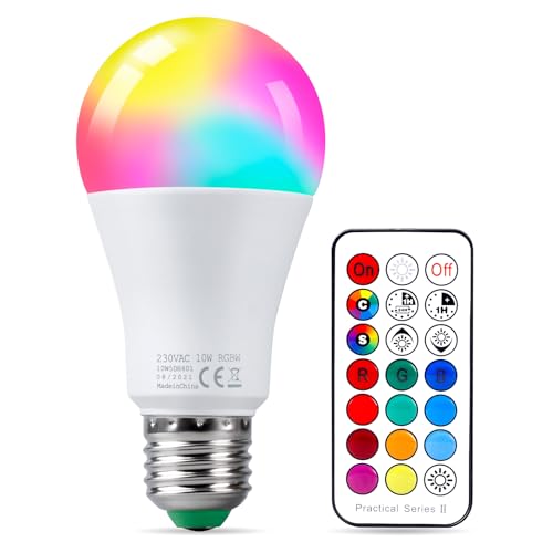 REYLAX Farbige Leuchtmittel LED RGBW Lampe E27 10W, Dimmbare Kaltweiß Edison Glühbirne Lampen Dual Memory 12 Farben LED Birnen, Kabellos Fernbedienung inklusive, für Haus Bar KTV Party Dec von REYLAX