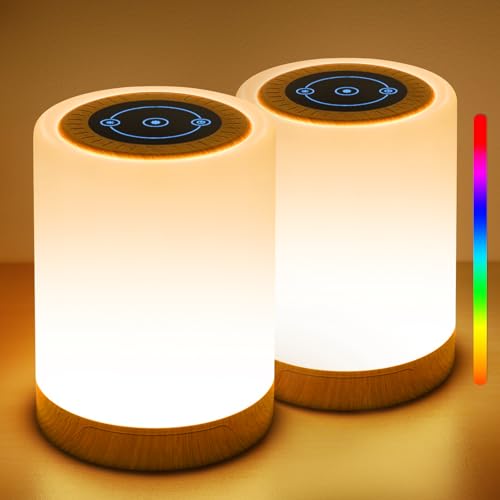 REYLAX Nachttischlampe 2er Set, LED Nachttischlampe Touch Dimmbar, Nachtlicht Kinder mit 12 Farben und 4 Modi, Stilllicht Tischlampe Kabellos mit Timing für Schlafzimmer Wohnzimme und Kinderzimmer von REYLAX