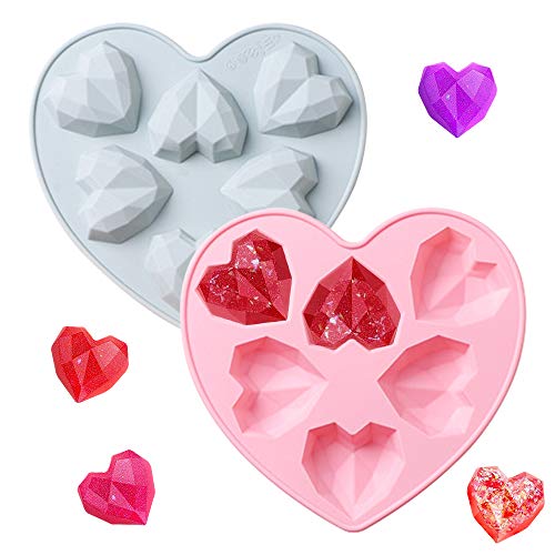 2 Stück Herz Kuchenform Silikonform Herzformen Diamant Geometrisch Schokolade Silikonformen Tablett für Kuchen Verzieren Backen Süßigkeiten Machen Schokolade(Pink Blau) von REYOK