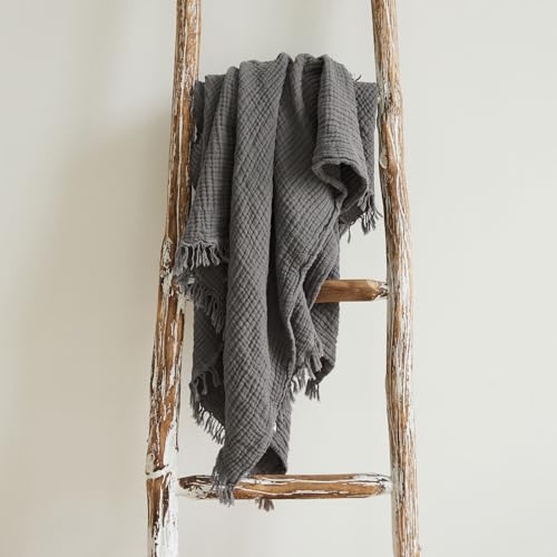 Dunkelgraue Baumwoll-Überwurfdecke für Schlafzimmer, 4-lagige Gaze-Musselin-Decken mit Quasten, atmungsaktive Steppdecke, waschbar, für Bett, 130 x 170 cm Dunkelgraue Baumwoll-Überwurfdecke für Schlafzimmer, 4-lagige Gaze-Musselin-Decken mit Quasten, atmungsaktive Steppdecke, waschbar, für Bett, 130 x 170 cm von REYOS