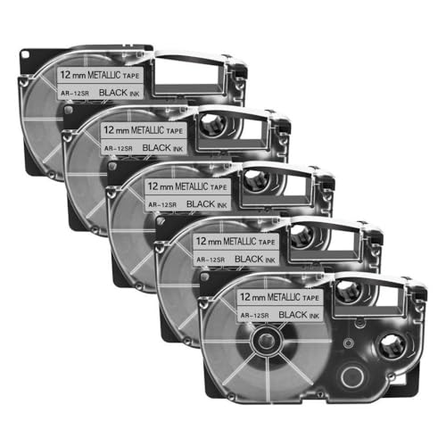 REwNXA 5PK XR-12x XR-12WE-Bezeichnungen kompatibel mit verschiedenen 9 mm 12 mm 18 mm 24 mm Bandetiketten-Patronen Kompatibel mit KL-130 KL-120 430 Label Maker Drucker(5PK Black on Silver) von REwNXA