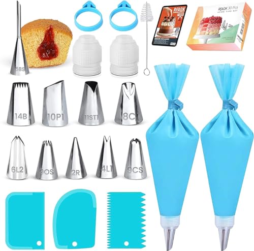 RFAQK 30 Stücke spritzbeutel mit tüllen für spritzbeutel wiederverwendbar | 10 Nummeriert spritztüllen set profi - 10 tortenspritze Tasche mit Musterdiagramm & E Buch, spritztülle von RFAQK