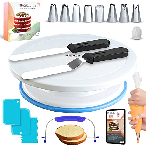 RFAQK 35 PCs Torten Zubehör Set mit Tortenplatte Drehbar Backset - Backzubehör Für Torten Set 20 Spritzbeutel mit Tüllen ,7 Spritztüllen, 2 Tortenspachtel-3 Kuchenschaber - Drehteller Torte & E Buch von RFAQK