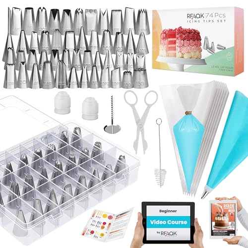 RFAQK 74-teiliges Spritzbeutel und Spritztüllen-Set, Kuchendekorationsset mit 48 nummerierten Spritztüllen, 20 + 1 Spritzbeutel für Kekse, Cupcake, Kuchendekoration, Kuchendekorations-Spitzen-Set mit von RFAQK