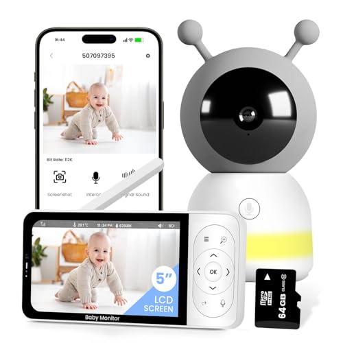 RFAQK Babyphone mit WLAN – 2K-Video-Babykamera-Monitor, 12,7 cm (5 Zoll) HD-Bildschirm, Nachtsicht, 24-Stunden-VOX-Modus, Temperatursensor, Schrei und Bewegungserkennung, PTZ Auto-Tracking von RFAQK
