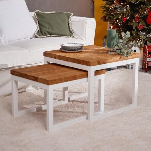 Raw Furniture Designs Couchtisch Massivholz - Set 2er Handgefertigt Couchtischen - Kleiner Quadratisch Tisch - Wohnzimmertisch - Coffee Table (Helle Holz, Weiß, Horizontal Tischplatte) von RFD RAW FURNITURE DESIGNS