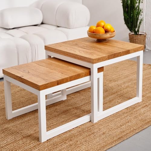 Raw Furniture Designs Couchtisch Massivholz - Set 2er Handgefertigt Couchtischen - Kleiner Quadratisch Tisch - Wohnzimmertisch - Coffee Table (Helle Holz, Weiß, Vertikal Tischplatte) von RFD RAW FURNITURE DESIGNS