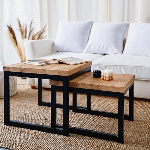 Raw Furniture Designs Couchtisch aus Holz - Set 2er Handgefertigt Couchtischen - Kleiner Quadratisch Tisch - Wohnzimmertisch Massivholz-Coffee Table - 60x60x50cm/50x60x40cm - Schwarz/Eichenholz von RFD RAW FURNITURE DESIGNS