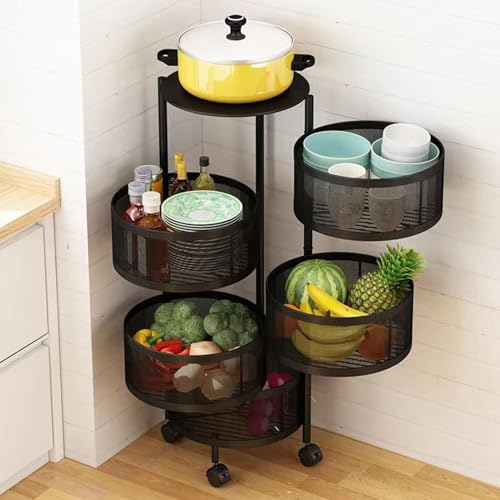 RFEGJVII Küchenlagerwagen, 5-stufige rotierende Organizer Korb Rack, Rolling Obst-Gemüsehalter Metallnetzregal mit Rädern, raumsparende Luftfahrtturm-Turm Obst und Gemüsekorbschalen Schwarz von RFEGJVII