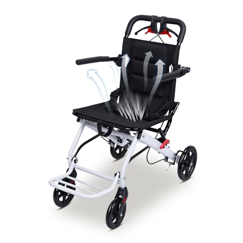RFEGJVII Transport Rollstuhl Leichte Faltbare, Faltbare Rollstuhl -Leichter tragbarer Transitstuhl, ergonomischer Reisestuhl für Erwachsene, Kohlenstoffstahlrahmen mit einstellbarem Sicherheitsrieme von RFEGJVII