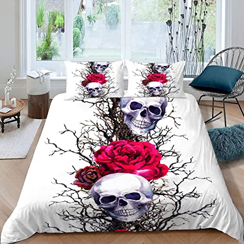 RFFLUX 100% Microfaser Bettwäsche 200x200 cm 3teilig mit Reißverschluss 3D Gothic Totenkopf Blumen Sommerbettwäsche Sets Warme Winter Weich und Angenehme Bettbezug mit 2 Kissenbezug 80x80 cm von RFFLUX