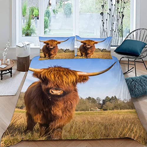 RFFLUX 100% Microfaser Hochlandvieh Bettwäsche 200x200 cm 3teilig mit Reißverschluss 3D Bauernhof Tiere Vieh Sommerbettwäsche Sets Warme Winter Weich und Angenehme Bettbezug mit 2 Kissenbezug 80x80 von RFFLUX