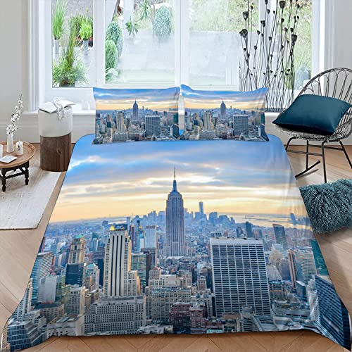 RFFLUX 100% Microfaser New York Bettwäsche 200x200 cm 3teilig mit Reißverschluss 3D Modern Stadt Landschaft Sommerbettwäsche Sets Warme Winter Weich und Angenehme Bettbezug mit 2 Kissenbezug 80x80 von RFFLUX