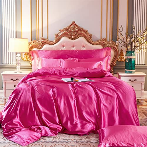 RFFLUX 100% Mikrofaser Seide Bettwäsche Set 200x200 cm 3 Teilig Rosa Sommerbettwäsche mit Reißverschluss Einfarbig Ultra Weich Luxus Glatt Satin Bettbezüge Bettwaren mit 2 Kissenbezüge 50x75 von RFFLUX