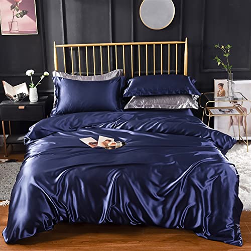 RFFLUX 100% Mikrofaser Sommer Bettwäsche Set 135x200 cm 2 Teilig Navy blau Seide Bettwäsche mit Reißverschluss Ultra Weich Atmungsaktive Luxus Glatt Satin Kinderbettwäsche mit Kissenbezüge 50x75 von RFFLUX