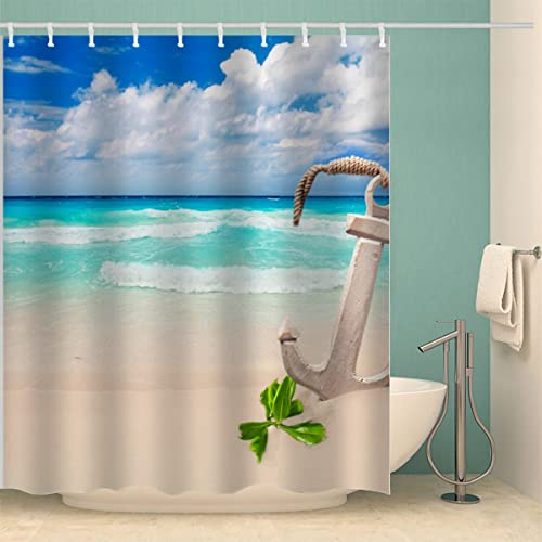 RFFLUX 3D Anker Design Duschvorhang Anti Schimmel 240 x 200 cm mit 12 Ringe Polyester Küstenstrand Duschvorhänge Anti-Bakteriell Waschbar Wasserdicht Badvorhänge für Badezimmer von RFFLUX