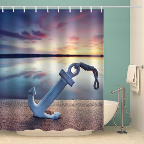 RFFLUX 3D Anker Duschvorhang Anti Schimmel 180x180 cm mit 12 Haken Ozean Strand Duschvorhänge Anti-Bakteriell Waschbar Wasserdicht Polyester Badvorhänge für Badezimmer（Stil 11-2） von RFFLUX