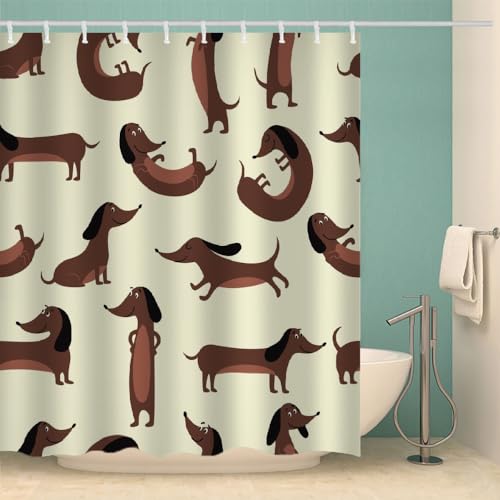 RFFLUX 3D Dackel Duschvorhang Anti Schimmel 240x200 cm mit 12 Ringe Polyester Wurst Hund Duschvorhänge Anti-Bakteriell Waschbar Wasserdicht Badvorhänge für Badezimmer（Stil 10-10） von RFFLUX