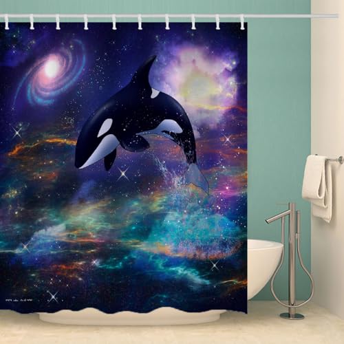 RFFLUX 3D Delphin Duschvorhang Anti Schimmel 180x180 cm mit 12 Haken Universum Sternenhimmel Duschvorhänge Anti-Bakteriell Waschbar Wasserdicht Polyester Badvorhänge für Badezimmer（Stil 8-4） von RFFLUX