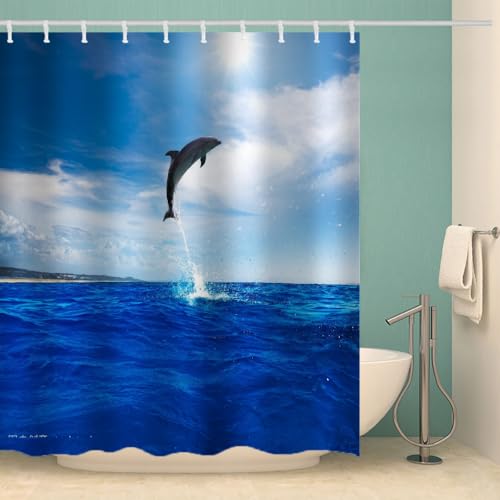 RFFLUX 3D Delphin Duschvorhang Anti Schimmel 240x200 cm mit 12 Ringe Polyester Ozean Delfine Duschvorhänge Anti-Bakteriell Waschbar Wasserdicht Badvorhänge für Badezimmer（Stil 9-9） von RFFLUX