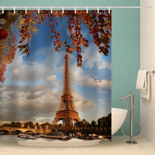 RFFLUX 3D Eiffelturm Duschvorhang Anti Schimmel 180x180 cm mit 12 Haken Paris Duschvorhänge Anti-Bakteriell Waschbar Wasserdicht Polyester Badvorhänge für Badezimmer（Stil 3-14） von RFFLUX