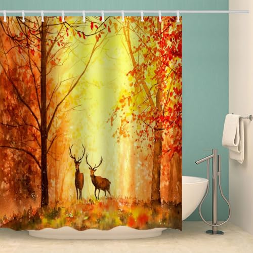 RFFLUX 3D Elch Duschvorhang Anti Schimmel 180x200 cm mit 12 Ringe Polyester Herbstthema Duschvorhänge Anti-Bakteriell Waschbar Wasserdicht Badvorhänge für Badezimmer（Stil 7-2） von RFFLUX
