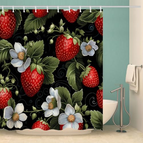 RFFLUX 3D Erdbeere Duschvorhang Anti Schimmel 180x200 cm mit 12 Ringe Polyester Erdbeere Duschvorhänge Anti-Bakteriell Waschbar Wasserdicht Badvorhänge für Badezimmer（Stil 25-18） von RFFLUX