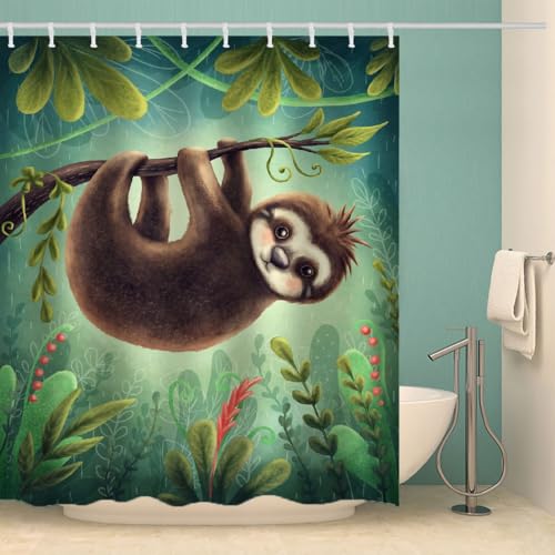 RFFLUX 3D Faultier Duschvorhang Anti Schimmel 180x180 cm mit 12 Haken Faultier Duschvorhänge Anti-Bakteriell Waschbar Wasserdicht Polyester Badvorhänge für Badezimmer（Stil 1-1） von RFFLUX