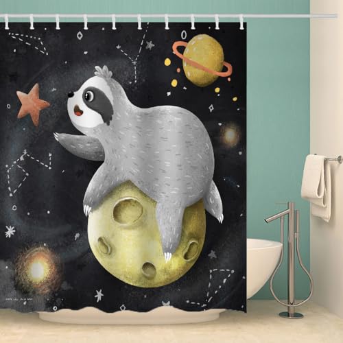 RFFLUX 3D Faultier Duschvorhang Anti Schimmel 180x200 cm mit 12 Ringe Polyester Universum Planet Duschvorhänge Anti-Bakteriell Waschbar Wasserdicht Badvorhänge für Badezimmer（Stil 8-6） von RFFLUX