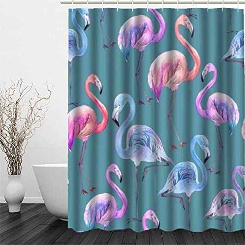 RFFLUX 3D Flamingo Anti Schimmel Duschvorhänge 120 x 180 cm Polyester Aquarell Tier Flamingo Duschvorhang mit 12 Haken Anti-Bakteriell Waschbar Wasserdicht Badvorhänge für Badezimmer von RFFLUX