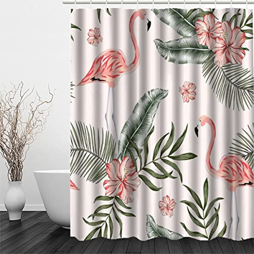 RFFLUX 3D Flamingo Anti Schimmel Duschvorhänge 120 x 180 cm Polyester Tropisch Blumen Blätter Duschvorhang mit 12 Haken Anti-Bakteriell Waschbar Wasserdicht Badvorhänge für Badezimmer von RFFLUX