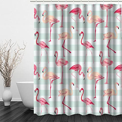 RFFLUX 3D Flamingo Anti Schimmel Duschvorhänge 120 x 180 cm Polyester Tropisch Retro Flamingo Duschvorhang mit 12 Haken Anti-Bakteriell Waschbar Wasserdicht Badvorhänge für Badezimmer von RFFLUX