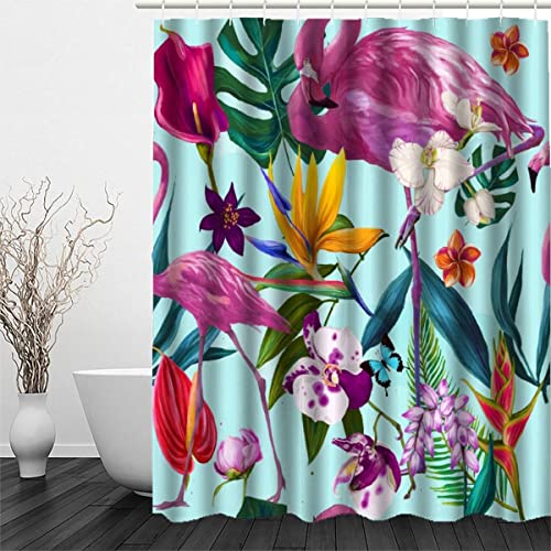 RFFLUX 3D Flamingo Duschvorhang Anti Schimmel 240 x 200 cm mit 12 Ringe Polyester Tropisch Blumen Blätter Duschvorhänge Anti-Bakteriell Waschbar Wasserdicht Badvorhänge für Badezimmer von RFFLUX