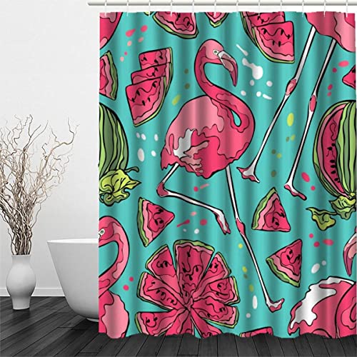 RFFLUX 3D Flamingo Polyester Duschvorhang Anti Schimmel 180 x 180 cm mit 12 Haken Tropisch Sommer Wassermelone Duschvorhänge Anti-Bakteriell Waschbar Wasserdicht Badvorhänge für Badezimmer von RFFLUX