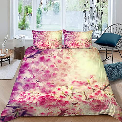 RFFLUX 3D Frühling Rosa Kirschblüten Bettwäsche 135x200 cm 4teilig mit Reißverschluss Microfaser Warme Sommer Weich Bettbezug Set Kinderbettwäsche mit 2 Kissenbezug 80x80 cm für Mädchen Junge von RFFLUX