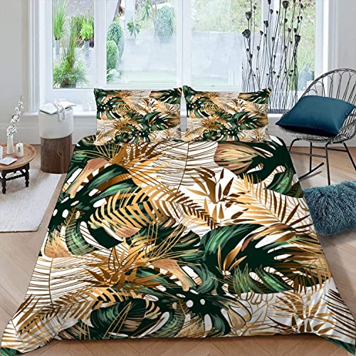 RFFLUX 3D Gold grün Palmblatt Bettwäsche 135x200 cm 4teilig mit Reißverschluss Microfaser Warme Sommer Weich Bettbezug Set Kinderbettwäsche mit 2 Kissenbezug 80x80 cm für Mädchen Junge von RFFLUX