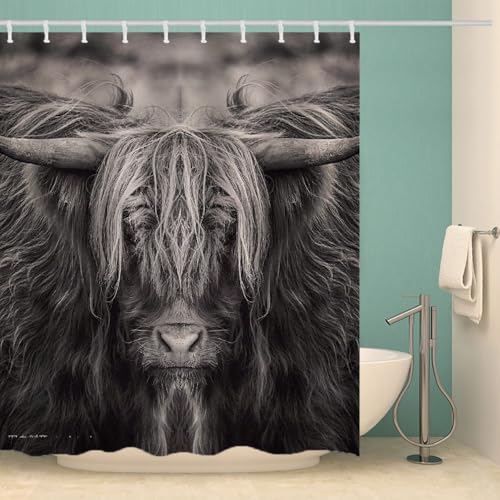RFFLUX 3D Highland Kuh Duschvorhang Anti Schimmel 240x200 cm mit 12 Ringe Polyester Tiere Kuh Duschvorhänge Anti-Bakteriell Waschbar Wasserdicht Badvorhänge für Badezimmer（Stil 7-7） von RFFLUX