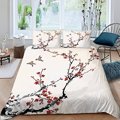 RFFLUX 3D Japan Sakura Bettwäsche 135x200 cm 4teilig mit Reißverschluss Microfaser Warme Weich Bettbezug Set Aquarell Jahrgang Kinderbettwäsche mit 2 Kissenbezug 80x80 für Mädchen Junge von RFFLUX