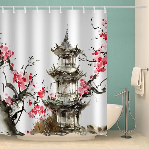 RFFLUX 3D Japan Stil Duschvorhang Anti Schimmel 180x200 cm mit 12 Ringe Polyester Aquarell Duschvorhänge Anti-Bakteriell Waschbar Wasserdicht Badvorhänge für Badezimmer（Stil 2-10） von RFFLUX