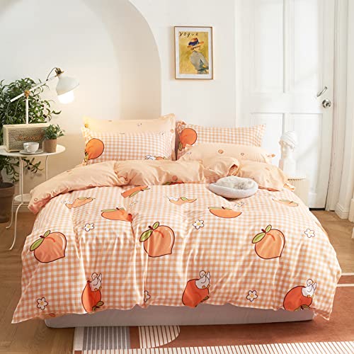 RFFLUX 3D Kawaii pfirsich orange kariert Bettwäsche 135x200 cm 4teilig mit Reißverschluss Microfaser Warme Sommer Weich Bettbezug Set Kinderbettwäsche mit 2 Kissenbezug 80x80 cm für Mädchen Junge von RFFLUX